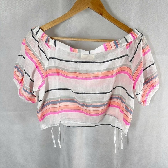 Lemlem by Liya Kebede Cotton Gauze Striped Off Shoulder Crop Top Size Medium - Picture 3 of 10